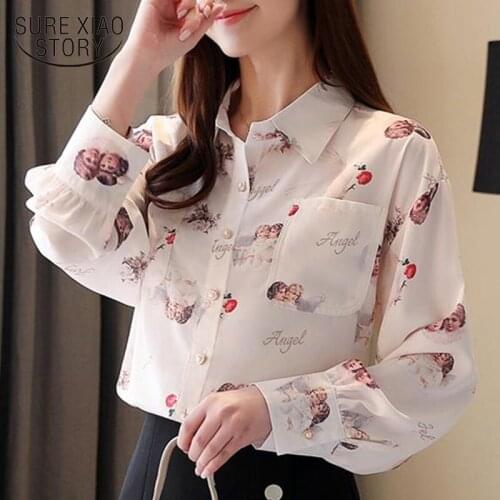 Vintage Print Floral Elegant Lantern Sleeve Women Shirt Long Sleeve Chiffon Cardigan Women Tops and Blouse Blusas Mujer 8474 50