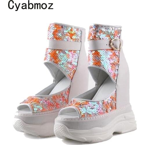 Cyabmoz height increasing Shoes Woman Pumps Women High heels Sequins Mixed color Peep toe Zip Party Ladies Shoes Tenis feminino