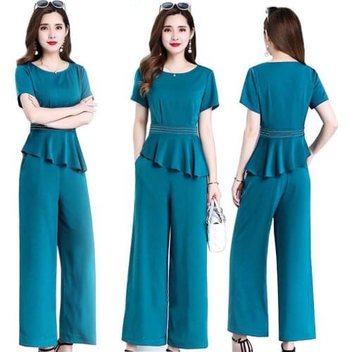 2021 Summer Women Fashion Irregular Ruffled Short Sleeve Tops + High Waisted Wide Leg Pants Two-piece Suit Plus Size 4XL Y653