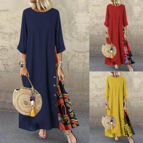 Women Plus Size Dress Women Vintage O Neck 3/4 Sleeve Side Buttons Printed Loose Long Dress Oriental Dresses /F