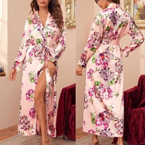Womens Summer Autumn Fashion Sleeping Dress Sexy V-neck Lace up Flower Printing Long-sleeved Sleepwear Cozy Robes 2021 New