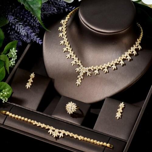 HIBRIDE Leaf Shape Earring Pendant Necklace Set DUBAI Bridal Necklace Sets For Women Wedding Zircon Nigeria CZ Jewelry N-179