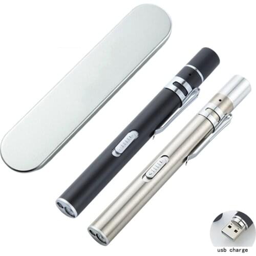 10pcs Dual light source Mini LED Pen Medical Flashlight stainless steel USB Built-in Rechargeable flashlight gift supplies
