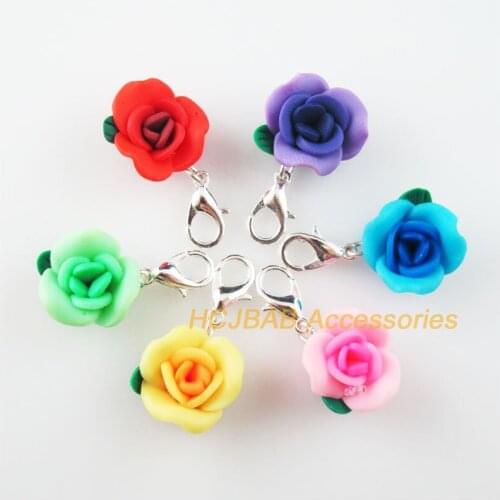 12 New Flower With Clasps Charms Silver Plated Clay Mixed