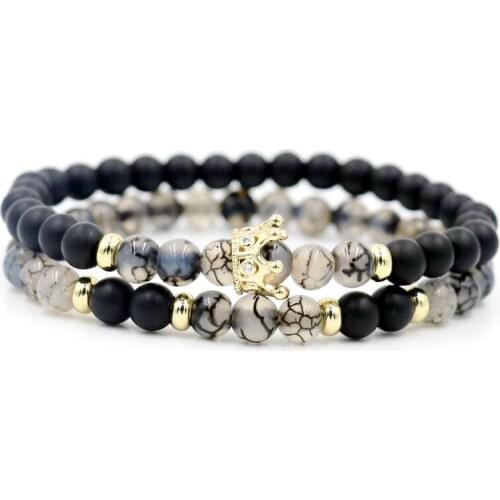 2pcs/set Natural Clear Onyx Stone Charm Bracelet Men Copper Crown Powerful Bracelets For Lovers' Women Lucky Buddha Jewelry