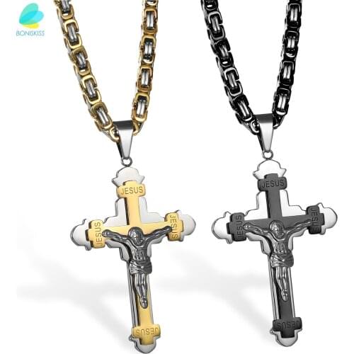 BONISKISS 316L Steel Gold And Black Tone Cross Jesus Crucifix Pendant Necklace With Box Chain