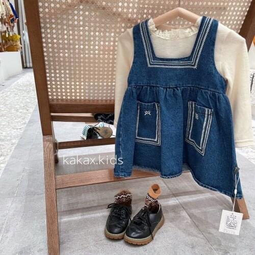 Korean childrens washing water soft cowboy girls' suspender skirt Korean embroidered childrens cowboy vest skirt