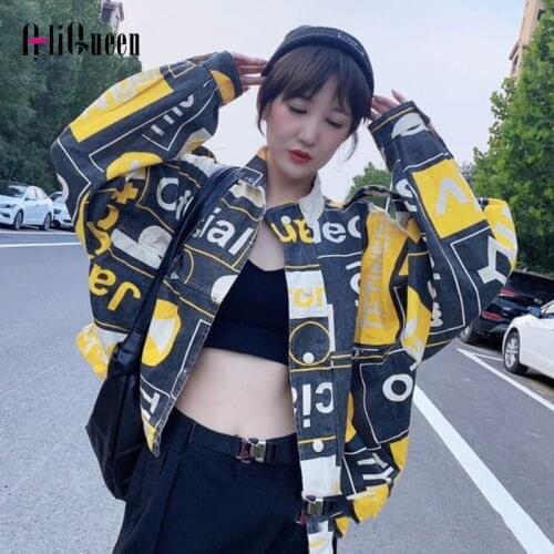 Streetwear Short Denim Jackets Women 2021 Loose Casual Letters Printing Jeans Coat Vintage Contrast Color Cowboy Jackets Femme