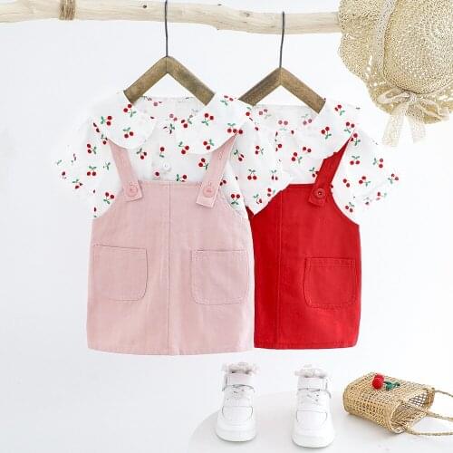 Summer Clothes Set For Girl Baby Toddler Casual Sports Outfit White Cherry Top + Suspender Skirt Dress Suits Kids Clothing Sets