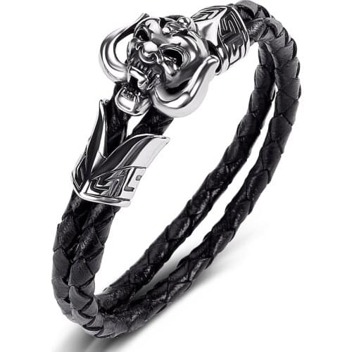 Trendy Double Layer Genuine Leather Bracelet Bangle Men Stainless Steel Devil Skull Male Wristbands Hand Charm Jewelry Gift P518