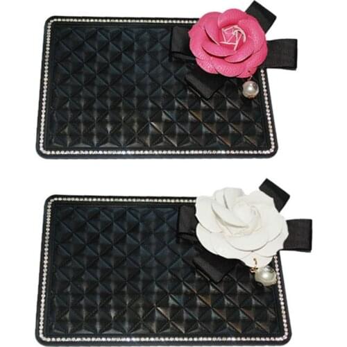 Fashion Diamond-studded Car Anti-slip Mat Auto Dashboard Non-slip Pad with Camellia Ornaments Auto Car Phone Anti-skid Mat