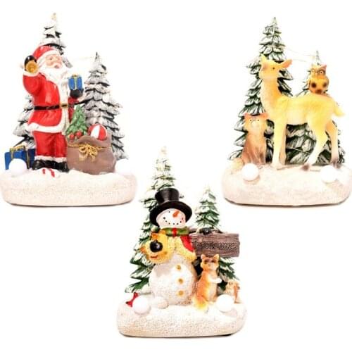 Music Furnis Scene Resin Ornament with LED Lights and Music Animated Xmas Tree Santa Snowman Deer Statues Decor