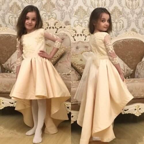 High Low Flower Girl Dresses For Wedding Gowns 3/4 Long Sleeve Lace Applique Scoop Neck Birthday Party Dresses for Girls