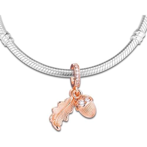 Fits for Pandora Beads Bracelets 100% 925 Sterling Silver Jewelry Rose Acorn & Leaf Hanging Charms Free Shipping