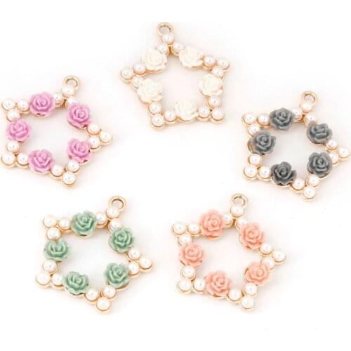 2pcs/lot 26*28mm Flower With Pearl Beads Alloy Gold Star Charm Pendant For Bracelet Necklace Jewelry Making DIY Accessories