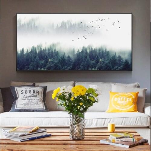 Nordic Style Misty Landscape Canvas Paintings On The Wall Posters And Prints Deep Forest Flying Bird Wall Pictures Home Decor