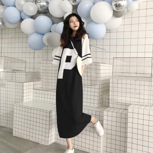 Korean Version Of The Large Size Loose Slim Dress Mid-Length Over The Knee T-Shirt Skirt Summer Short-Sleeved Skirt