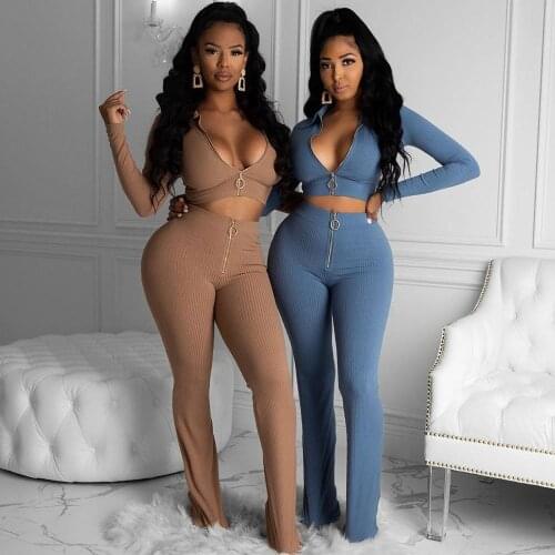 Ribbed Knit Solid Elegant Zip Up Co-ord Sets Women Clothes Winter Long Sleeve Bodycon Crop Top and Flare Pants 2 Piece Outfits