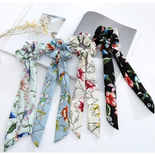 Fashion Retro Flower Print Hair Bands for Girls knot Scrunchies Elastic Hair Rope Bow Ties Ponytail Holder Hairband