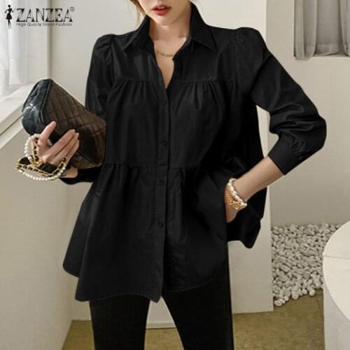 Stylish Solid Ruffle Shirts Womens Spring Blouses ZANZEA Casual Long Sleeve Blusas Female Lapel Button Tunic Plus Size Chemise