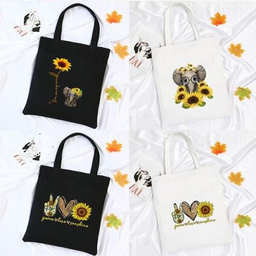 Elephant Sunflower Peace Love Sunshine Women Shopping Bag Female Canvas Shoulder Bag Eco Storage Handbag Reusable Foldable Totes