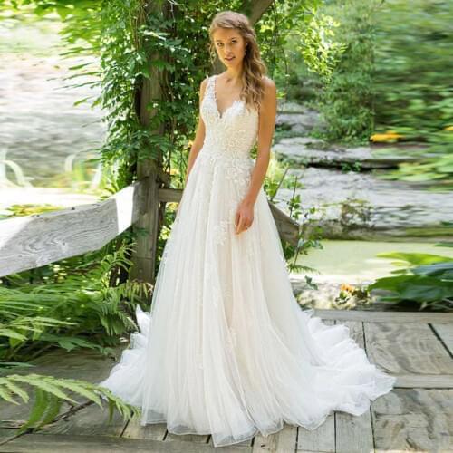 2021 Vestido De Noiva A-Line V Neck Wedding Dress Top Lace Appliques Bridal Dress Custom Made Wedding Gown Sweep Train