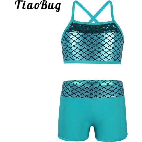 TiaoBug Kids Teens Sequins Tankini Mermaid Scales Stage Dance Costume Children Girls Gymnastics Ballet Crop Top with Shorts Set