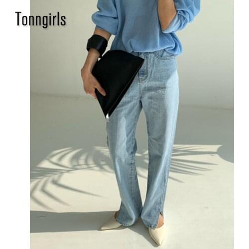 Tonngirls 2021 Denim Long Jeans High Waist Jeans Women Side Split Denim Pants Female Trousers Boyfriend Jeans For Women Korean