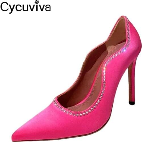 Sexy High Heels Ladies Wedding Shoes Rose Red Stain Women Pumps Point Toe Stilettos Summer Runway Crystal Party Shoes Woman
