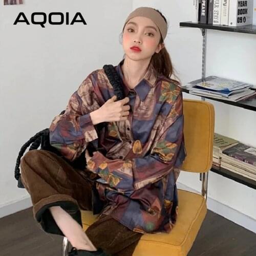 2021 Spring Street Style Long Sleeve Ladies Blouse Loose Button Up Hip Hop Patchwork print Women Shirt Oversize Female Clothing