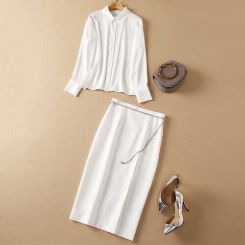 High Quality Skirt Suits 2021 Autumn 2 Piece Set Women Turn-down Collar White Button Shirt+Beading Necklace Deco Midi Skirt Set