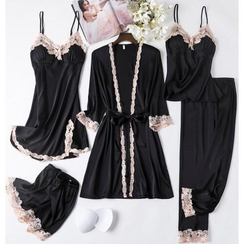 Women Black Lace Kimono Robe Sets Sexy Nightgown Bride Dressing Gown Sleepwear Rayon Pyjamas Suit Summer M-XXL Casual Home Wear
