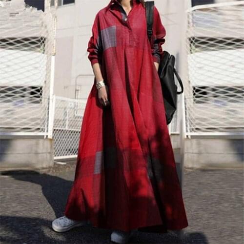 Spring Autumn Sundress Vintage Plaid Checked Long Shirt Dress Robe Women Lapel Neck Long Sleeve Kaftan Vestido Femme Plus Size