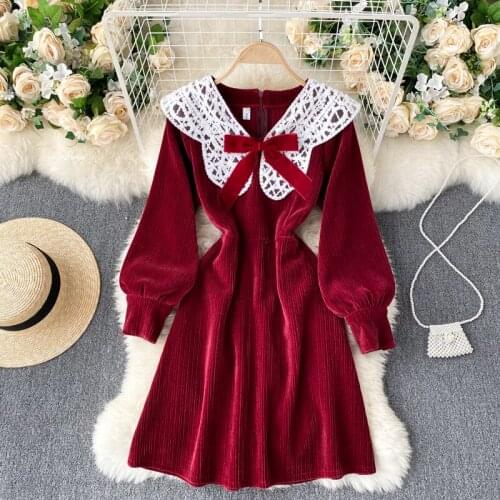 Vintage Dress Women Sweet Lace Peter Pan Collar French Elegant Long Sleeve Lace-Up Fairy One Piece Dress Korean 2021 Autumn C