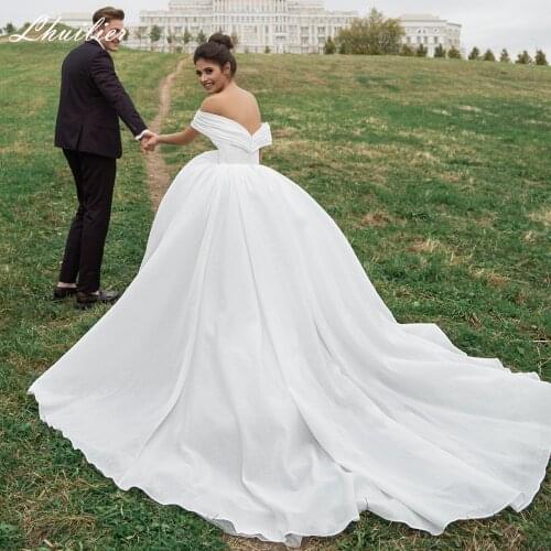 Lhuilier Womens A Line Off the Shoulder Wedding Dresses 2021 Elegant Floor Length Pleated Chapel Train Bridal Gowns