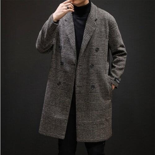 Winter Warm Casual Mens Wool Plaid England Style Overcoat Houndstooth Jacket Male Turn-down Collar Long Woollen Wind Coat