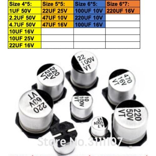 130PCS/LOT 1uF-220uF SMD Aluminum Electrolytic Capacitor 13values*10pcs=130pcs Assorted Kit Set, Samples Kit