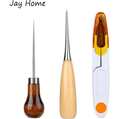 2Pcs Wooden Handle Scratch Awl with U Scissors for Leather Punching Hole Maker DIY Embroidery Stitching Overstitch Sewing Awl