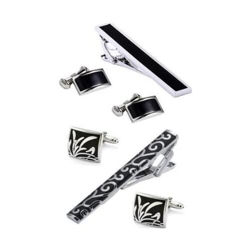 5sets/lot Vintage Retro Enamel Flower Pattern Cufflinks Tie Clip Set Black Onyx Chain Cuff Links&Tie Pin Bar Set Mens Jewelry