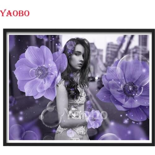 5d diamond Painting full square/round Pretty girl with purple flowers diamond mosaic embroidery Wall Art Picture for Living Room