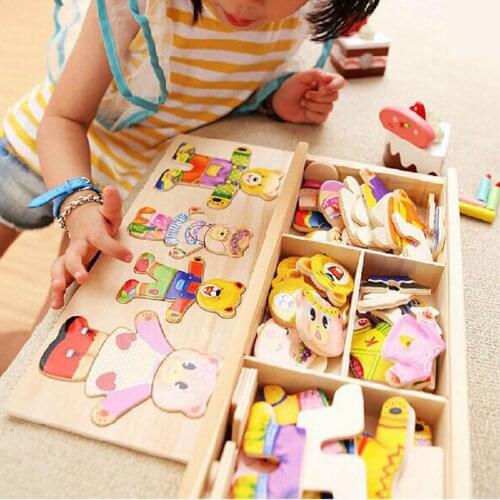 Little Bear Change Clothes Childrens Early Education Wood Jigsaw Puzzle Dressing Game Baby Wooden Puzzle Paired Imposition Toys