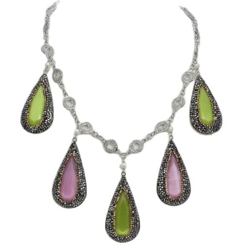 GG Jewelry 20'' 29x57MM Green Pink Cats Eye White Pearl Necklace