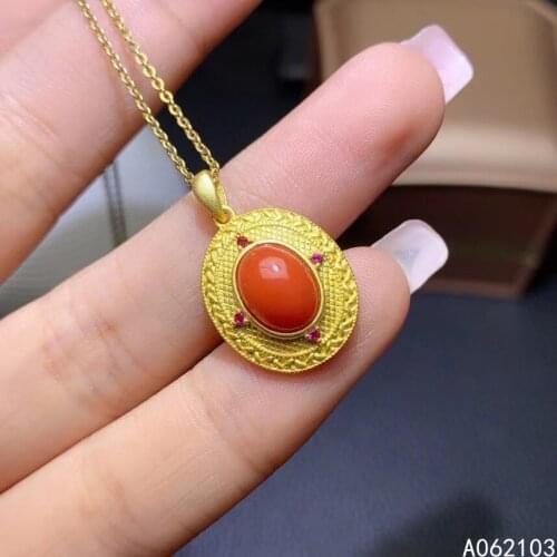 KJJEAXCMY fine jewelry 925 Sterling Silver inlaid natural red coral women fashion vintage ancient oval GEM PENDANT NECKLACE supp
