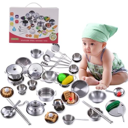 Stainless Steel Kitchen Cooking Utensils Pots Pans Food Gift Miniature Kitchen Tools Set Simulation Play House Toys For Children