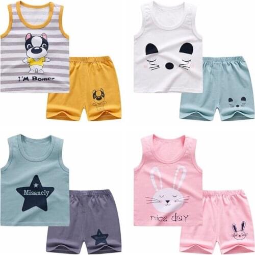 Summer Childrens Cotton Sleeveless T-shirt Boys And Girls Vest+short Two Piece Set