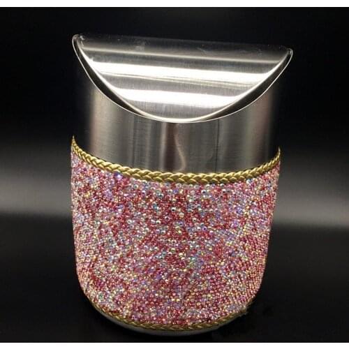 Stainless Steel Mini Car Waste Bins Bling Bling White Pink Crystal Home Office Storage Box