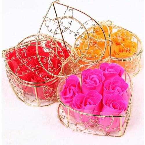 Handmade Scented Rose Soap Flower Romantic Bath Body Soap Rose with Gilded Basket For Valentine Wedding Gift LX8057