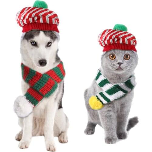 Pet Knitted Plaid Hat Christmas Scarf Set