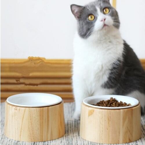 New High-end Pet Bowl Bamboo Shelf Ceramic Cat Bowl Feeding and Drinking Bowls for Dogs Cats Pet Feeder Bowls