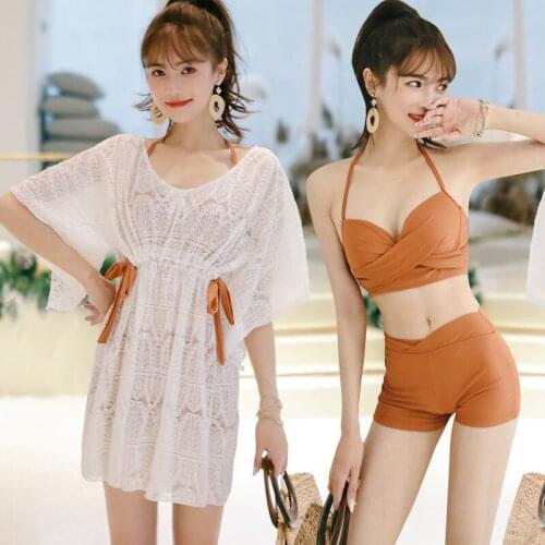 2021 New Korean Style High Waist Womens Bikini Set Padded Biquini Suit Three Pieces Swimwear Swimsuit High Quality Beach Suit